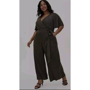 Torrid Womens Sz 4 Sz 26 Black Metallic Wrap Jumpsuit Tie Waist Wide Leg Sparkle
